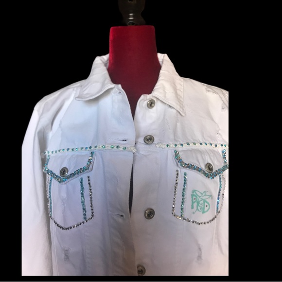 Giraffe Bling Oversized Distressed White Denim Midi Jacket - Picture 6 of 13